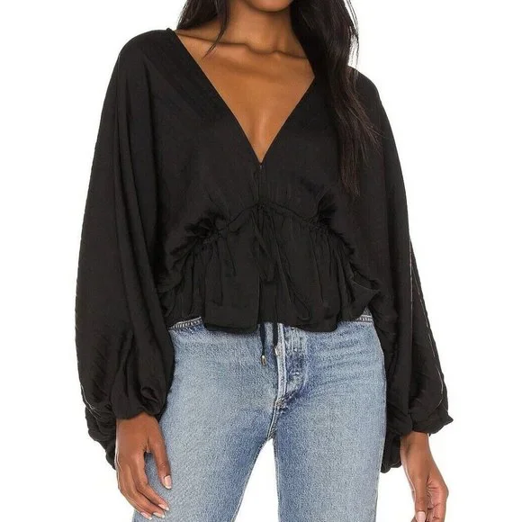 Free People Elouise Black Satin Long Sleeve Blouse Oversized Boho V-Neck Top XS - Picture 3 of 13